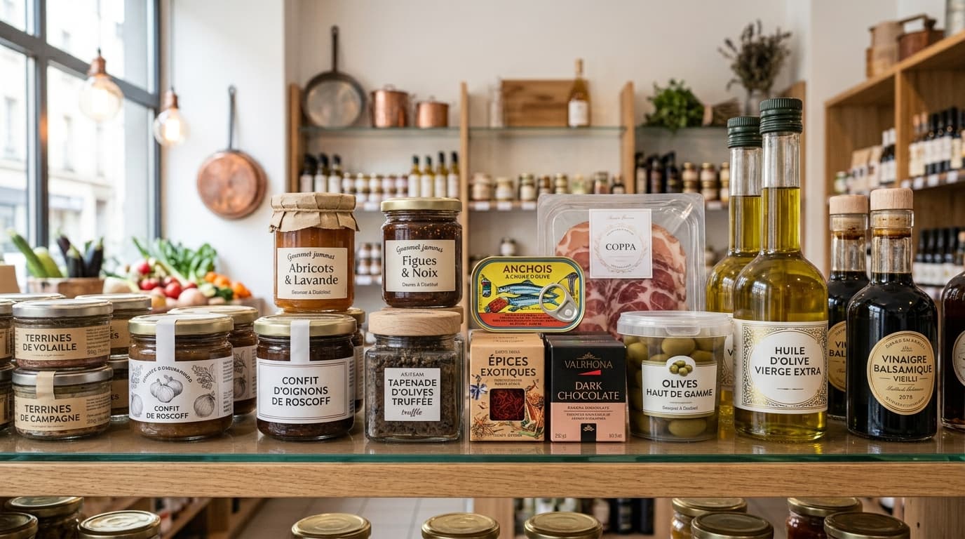 Étagère d'épicerie fine : bocaux de confitures, terrines et tapenade, huile d'olive et vinaigre balsamique, tous portant des étiquettes personnalisées