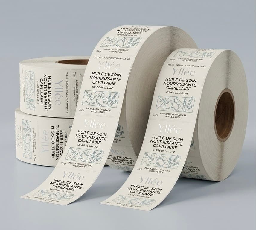 Rouleaux d'étiquettes rectangulaires imprimées pour une huile de soin capillaire, au graphisme minimaliste