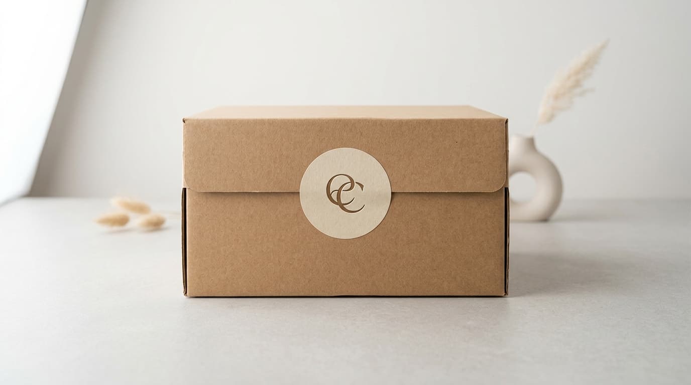 Boîte d'expédition en carton brun fermée par une étiquette ronde crème portant un monogramme