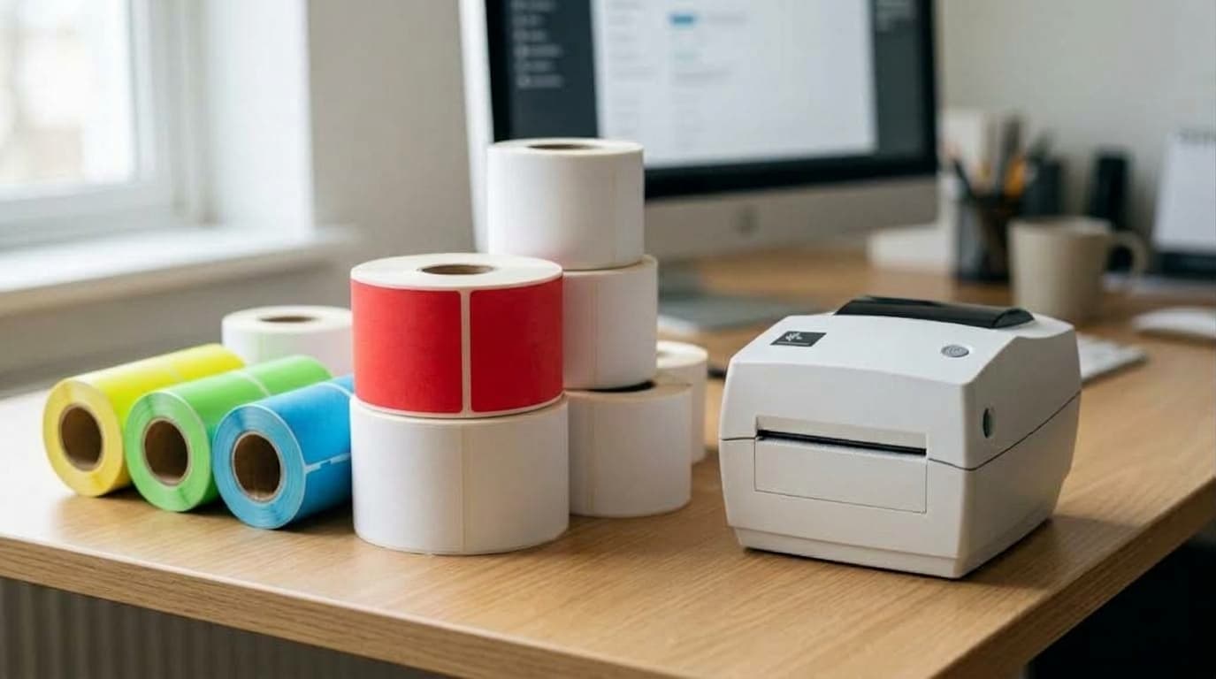 Rouleaux d'étiquettes vierges blanches et de couleur posés sur un bureau à côté d'une imprimante d'étiquettes