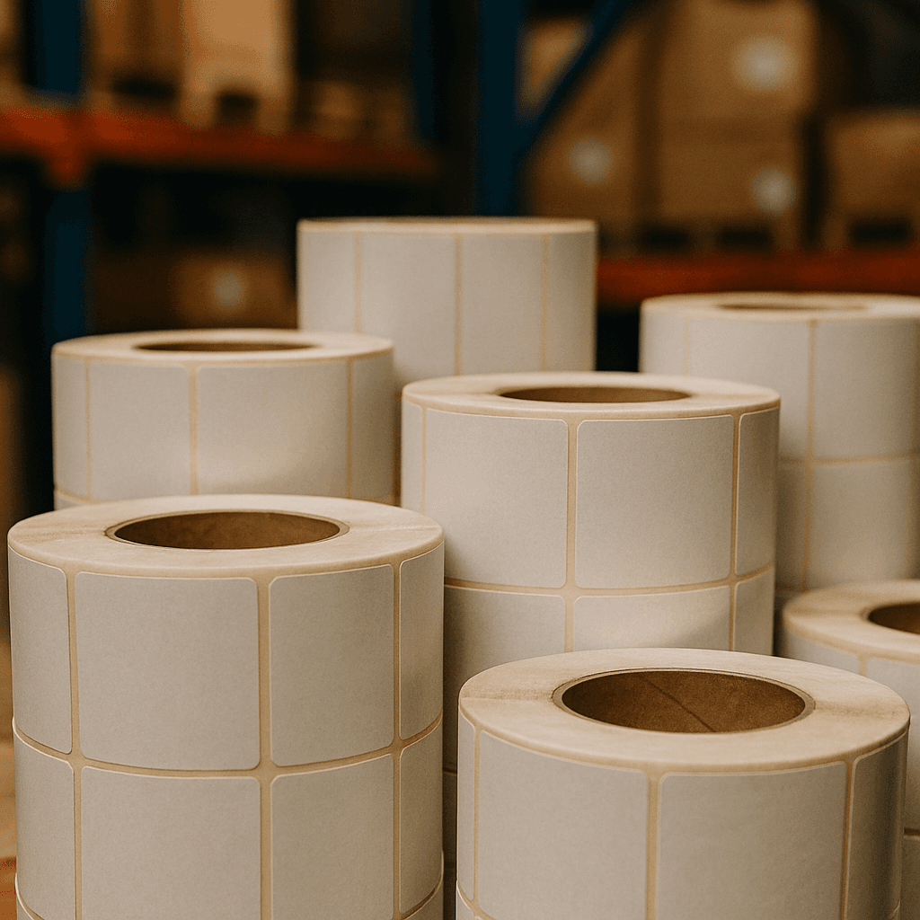 Rouleaux d'étiquettes blanches vierges, rectangulaires, empilés dans un entrepôt