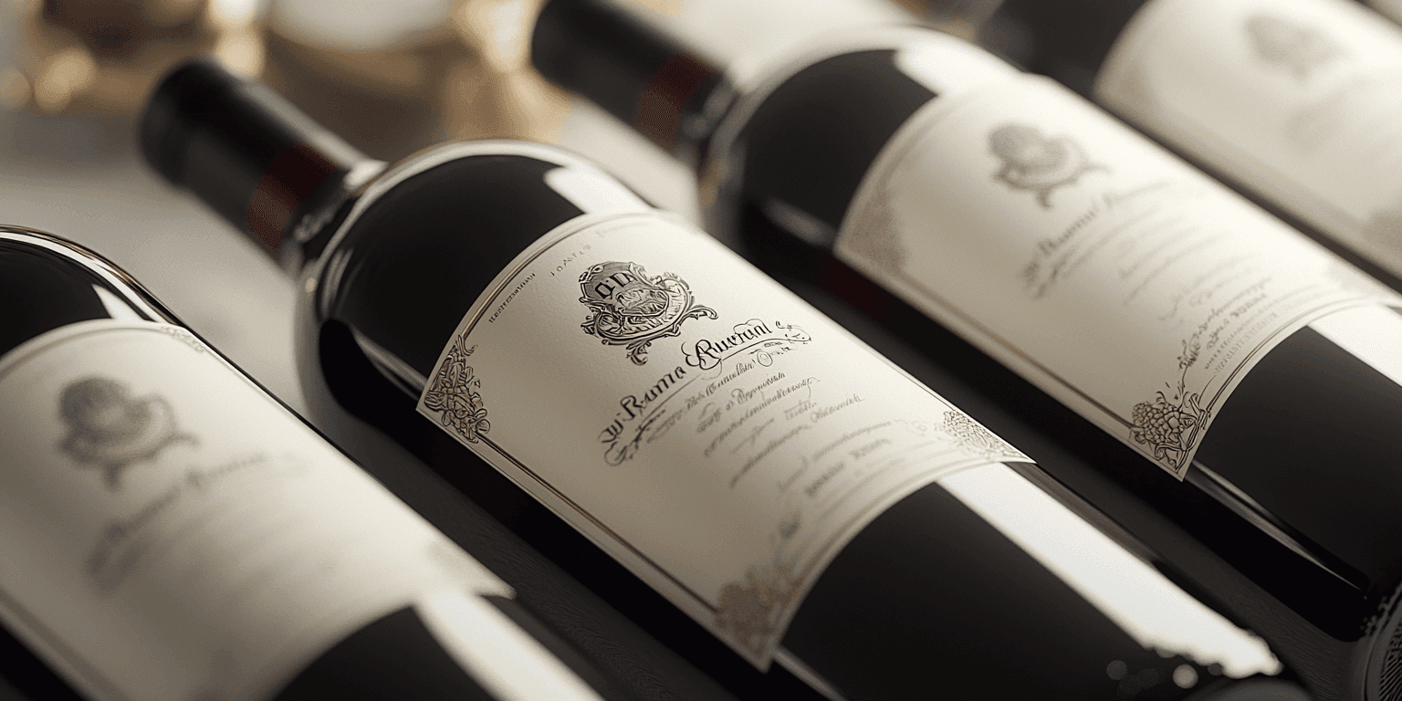 Bouteilles de vin rouge couchées, habillées d'étiquettes crème à blason et calligraphie